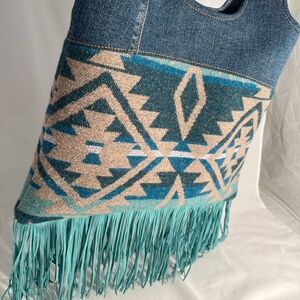 Southwest Blanket Fringed Denim Tote Bag Upholstery